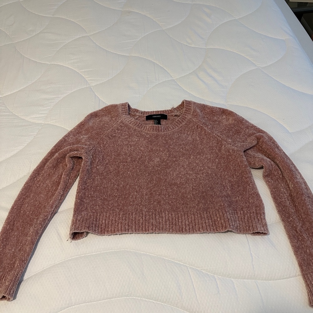 Forever 21 Pink Crew Neck Sweater Chenille Crop